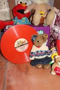 lot 163 image: Baby Items Lot Including Vintage Toys and 78 Orange Childrens Song Record Made of Shellac