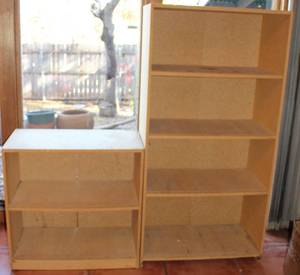 lot 168 image: Lot of Two Sturdy Vintage Engineered Wood Book Shelves