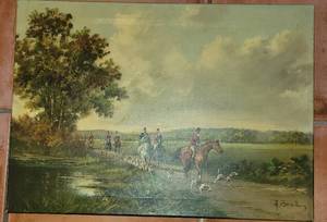 lot 187 image: Original Oil Painting On Stretched Canvas Hunting Scene Signed By Artist