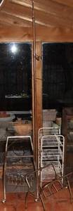 lot 165 image: Lot of Stands and Holders - 1960s MCM Tension Rod Plant Stand, Rolling TV Stand, and More See Below for Details