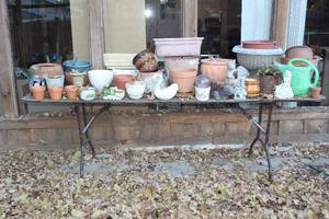 lot 265 image: Huge Lot of Planters and Pots on Vintage Folding Metal Table