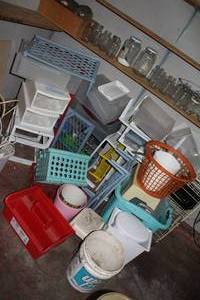 lot 278 image: Large Lot of Misc Containers, Shelves, Trash Cans, ETC