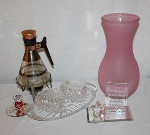 lot 19 image: Lead Crystal Vanity Tray with Lidded Trinket Dish, Vintage Coffee Carafe and Barron Glass Giftables