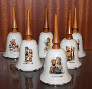 lot 29 image: Six Hummel Bells, Easter Time, Timid Little Sister, Chicken Licken,  Feathered Friends, Cinderella, Eventide