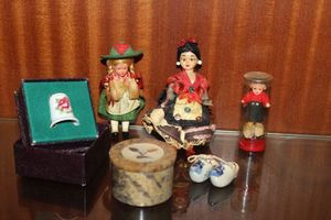 lot 33 image: German Dolls, Soapstone Trinket Box and Dutch Ceramic Shoes and Thimbell in Box