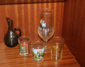 lot 37 image: German Goblet and Shot Glasses, Green Glass Minture Pitcher