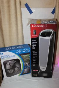 lot 54 image: Lasko Floor Heater with Remote  and O2COOL Personal Fan