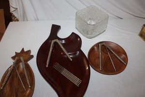 lot 55 image: Three Wooden Nut Trays with Nut Crackers and Glass Candy Dish
