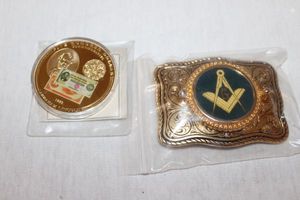 lot 169 image: Masonic Belt buckle and Lincoln Commemorative Gold Certificate Coin
