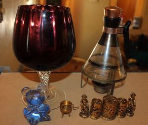 lot 191 image: Vintage Coffee Carafe, Brass Candle Holder, Glass Blue Bear and Large Purple Goblet