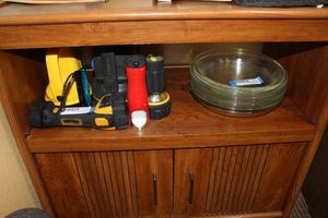 lot 124 image: Microwave stand with shelf and cabinet (Contents Not Included)