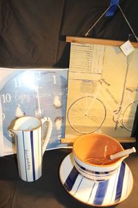 lot 327 image: Clock, Picture, Ceramic Mixing bowl, pitcher, plate whisk