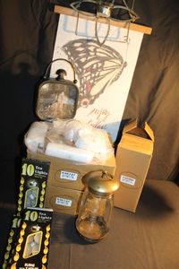 lot 328 image: Tea light candleholders in boxes, ball jar latern, tealights clock and butterfly picture