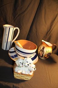 lot 329 image: Ceramic Pitcher, MixingBowl and plate with Whisk, Puppies in Basket and Decroative Pitcher