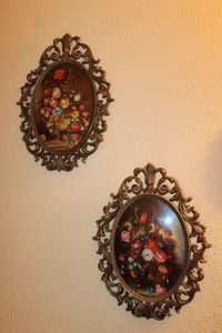 lot 625 image: Ornate metal picture frames w padded satin floral prints, vintage Italy