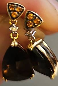 lot 646 image: 14KT Smokey Topaz Teardrop Shaped Earrings with Tiny Diamond accent and Three tiny Citrine gemstones