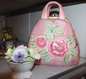 lot 30 image: Vintage Ceramic Purse Shaped Pink Cookie Jar with Pink Roses, and Vintage Coalport Bone China Bouquet of Roses