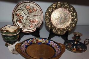 lot 60 image: Home Dcor Items, Clay works Blue Sky, Candle Stick Hand Painted by Anne Young,  Vintage Inlay Brass MCM Peacock Plate 13 Mid Century Art