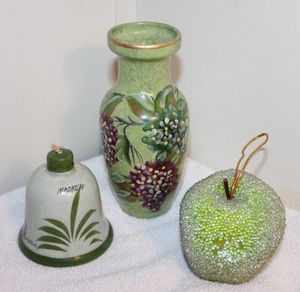 lot 31 image: Vintage Beaded Green Apple Ornament, Ceramic Bell and Floral Pattern Green Ceramic Vase