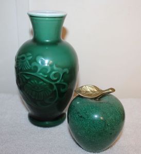 lot 33 image: Vintage Green Alabaster Stone and Brass Stem and Leaf and Vintage 1981 Avon Spring Bouquet Fragrance Dark Green Glass Vase