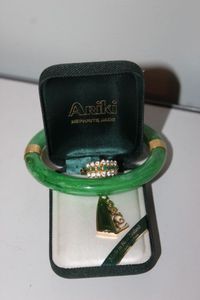 lot 54 image: Sterling silver Emerald cz Rhinestone Gold tone Ring, Vintage Translucent Jade Bracelet and Ariki Nephrite Jade Pendant in 22K Gold Plated