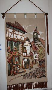 lot 7 image: French Crewel Embroidery Wall Tapestry