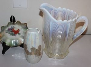 lot 73 image: Vintage Fenton Glass White Opalescent Beverage Pitcher, ceramic Iridescent Vase and Decorative Bowl