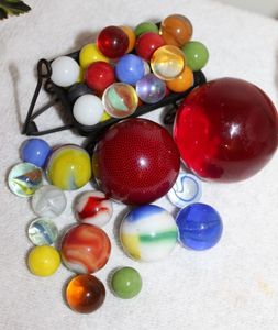 lot 107 image: Vintage Milk Glass Marbles, Miniature Red Wagon and more