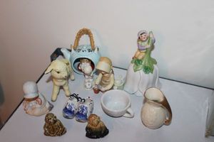 lot 143 image: Vintage Monkey Figurines Red Rose Tea, Vintage Delft Clogs Miniature,  Vintage Holly Hobbie with Doll Figurine Sitting on floor,  Goebel Sheep, Vintage Avon Fairy Elf Bell, Vintage Tanki Owl in Tea Pot