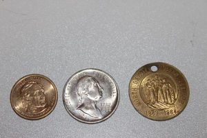 lot 144 image: John Tyler Presidential Dollar, George Washington Bicentennial Willys-Overland Silver Anniversary Silver Token 1907-1932 and North Dakota Diamond Jubilee 1889-1864 12 Dollar