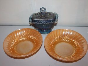 lot 18 image: Two Fire King Peach Luster bowls Fenton Blue Carnival Glass Candy dish