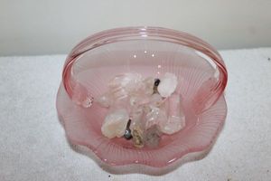 lot 182 image: Pink depression Glass Basket with Crystals