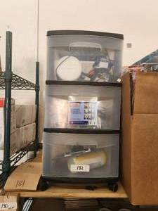 lot 182 image: Rolling 3-drawer cart with office items