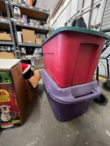 lot 561 image: 2 bins of Christmas decorations and gift boxes