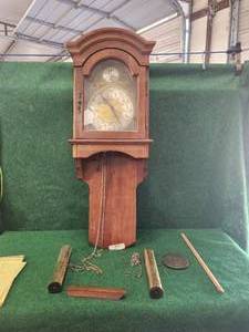 lot 57 image: Wall clock with pendulum and weights -  needs repair