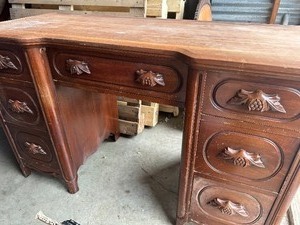 lot 3 image: VINTAGE  LOWBOY by  DAVIS CABINET COMPANY  VICTORIAN STYLE KNEEHOLE VANITY with MIRROR -   AGED WALNUT -TOTAL SIZE  48L X 21D X 65H,  MIRROR  34H X 30W, VANITY 48L X 21D X 31H