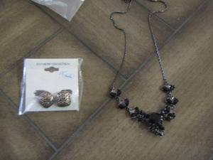 lot 262 image: clip on earrings, black stone necklace