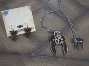 lot 396 image: owl earrings and a owl necklace