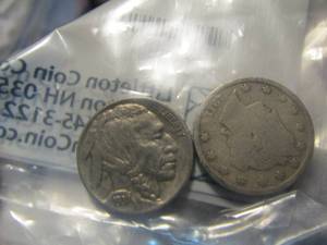lot 414 image: 1911 Liberty v nickels x 2,  1937 & 1936 Buffalo nickel, 1905 Indian head penny x2