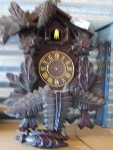 lot 92 image: COO COO CLOCK - Morning bird wall clock with wooden engraved flowers and gold numbers 2 broken bottom pieces, NO HANDS