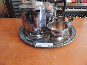 lot 172 image: Silver Plated TEA SET  - TRAY , TEA POT, SUGAR BOWL & CREAMER
