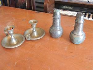 lot 446 image: 2 handled candle holders, 2 silver platted salt and pepper shakers