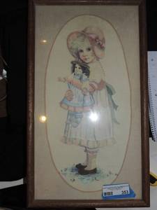 lot 353 image: ART - EMBROYIED GIRL HOLDING DOLL FRAMED  APPROX. 12 X 20
