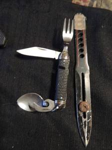 lot 338 image: KNIVES - FROST THROWING KNIFE,  BUDK CAMP KNIFE W 2 12 BLADE, FORK, SPOON, CAN OPENER