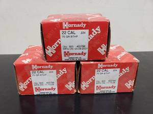 lot 67 image: RELOADING SUPPLIES  Case of Hornady 22 Cal 75 Gr .224 Bullets.  600 Bullets Per Case - QUANTITY 3 - BID IS TIMES THE QUANTITY