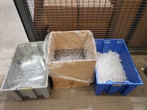 lot 36 image: Large Lot of Clear Plastic Triangle Shaped Containers w Lids.  Great Storing & Shipping Small Items.