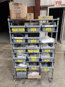 lot 48 image: Rolling Metal Shelf w Bins Full of Resealable Bags.  Misc Bag Sizes.  See Pics For Everything Included.