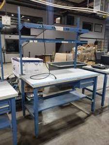 lot 51 image: Global Industries Adjustable Height Workstation w Bottom Shelf, Drawer, 2 Top Shelves & Power Station.  Top Measures 60 x 30