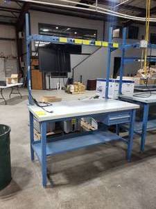 lot 52 image: Global Industries Adjustable Height Workstation w Bottom Shelf, Drawer, Top Shelf, Computer Monitor w Mount & Power Station.  Top Measures 60 x 30