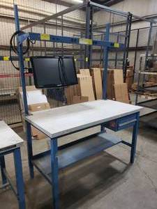 lot 56 image: Global Industries Adjustable Height Workstation w Bottom Shelf, Drawer, Top Shelf, Computer Monitor w Mount & Power Station.  Top Measures 60 x 30